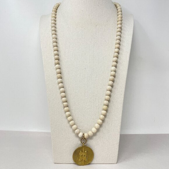 White Jasper Stone Bead Pendant Necklace Gold-Tone Geometric Medallion - Picture 2 of 14